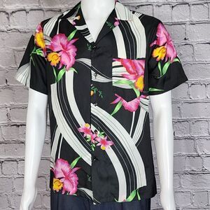 Hilo Hattie Black White Floral Short Sleeve Hawaiian Shirt, Men's Medium